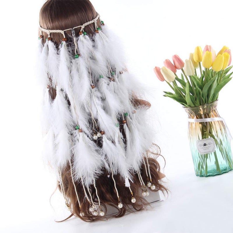 WLBON Feather Headband White Fake Pearl Hippie Indian Boho Hair Bands Tassel Bohemian Halloween Hair Hoop Women Crown Hairband Party Decoration Headdress Cosplay Costume Headwear Headpiece Hair Accessories - Image 3
